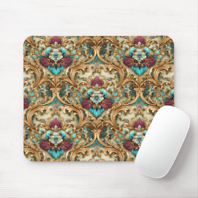 Turquoise & Gold Ornate Damask Mouse Pad (With Mouse)
