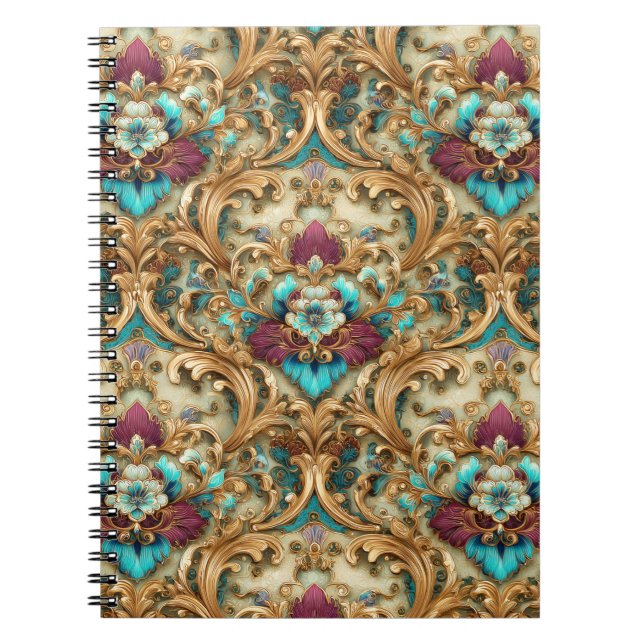 Turquoise & Gold Ornate Damask Notebook (Front)