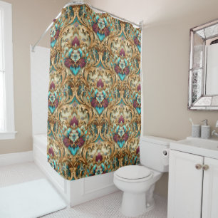 Turquoise & Gold Ornate Damask Shower Curtain