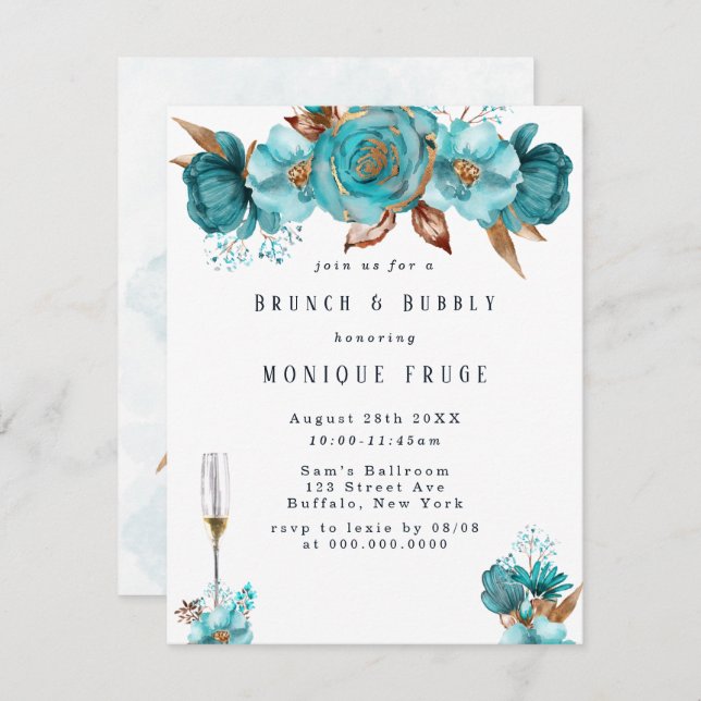 Turquoise Gold Peony Frame Brunch & Bubbly Invites (Front/Back)