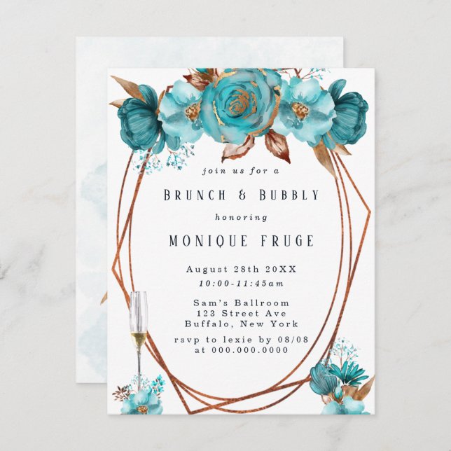 Turquoise Gold Peony Frame Brunch & Bubbly Invites (Front/Back)