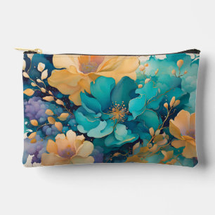 Turquoise Gold Purple Navy Watercolor Flowers Accessory Pouch