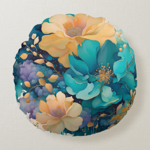 Turquoise Gold Purple Navy Watercolor Flowers Round Cushion