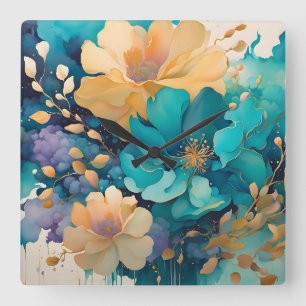 Turquoise Gold Purple Navy Watercolor Flowers Square Wall Clock