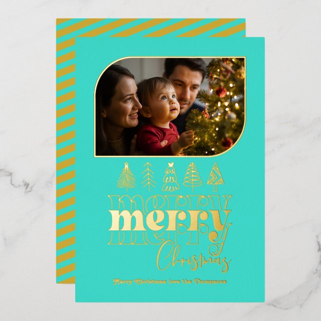 Turquoise & Gold Retro Doodle Christmas Photo (Front/Back)