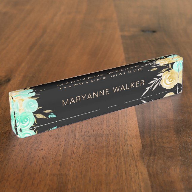 Turquoise Gold Roses | Personalised Desk Nameplate (Side)