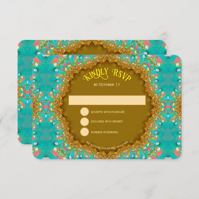 Turquoise Gold Satin Lace RSVP Card (Front/Back)