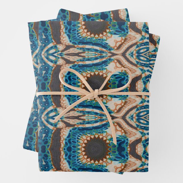 Turquoise Gold Sun Southwestern Art Wrapping Paper Sheet (In situ)