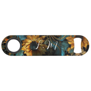Turquoise, gold, sunflowers bottle opener