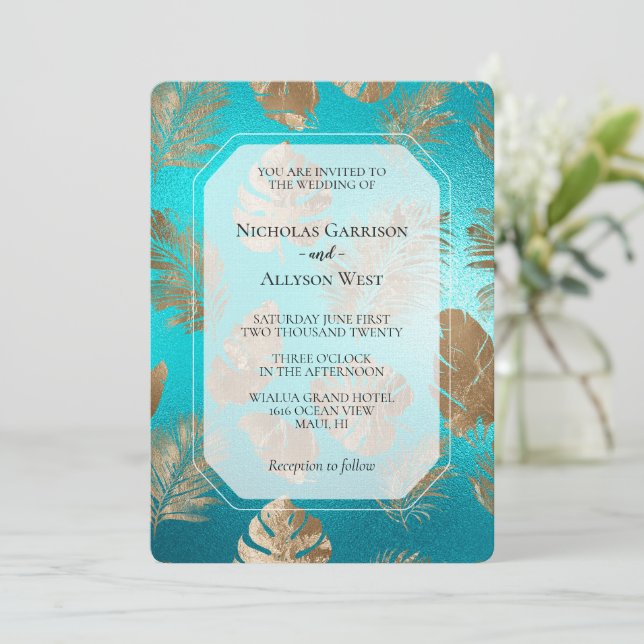 Turquoise Gold Tropical Leaves Wedding Invitation (Standing Front)
