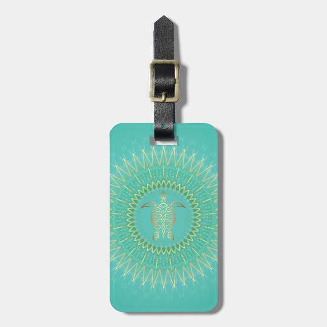 Turquoise  Gold Turtle Tribal Animal Mandala Luggage Tag (Front Vertical)