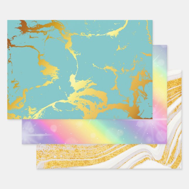 Turquoise Golden Foil Wrapping Paper Sheet (Set)