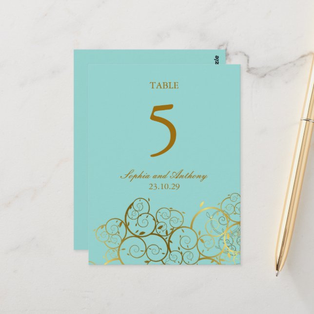 Turquoise & Golden Spirals Wedding Table Number Postcard (Front/Back In Situ)