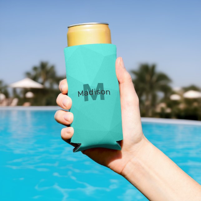 Turquoise gradient geometry mesh pattern Monogram Seltzer Can Cooler (In Situ Pool)