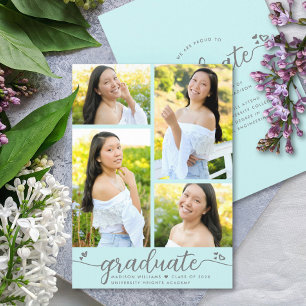 Turquoise Graduation 4 Photo Modern Script Hearts Announcement