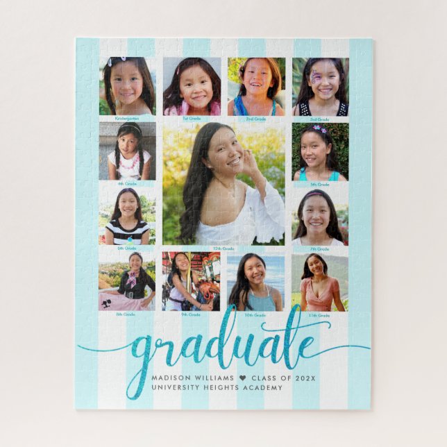 Turquoise Graduation K–12 Photo Collage Script Jigsaw Puzzle (Vertical)