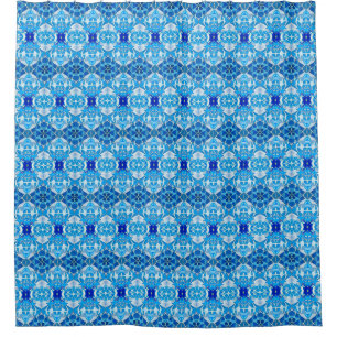 Turquoise, Gray and Cobalt Blue Tile Pattern Shower Curtain