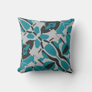 Turquoise Gray Black Mediterranean Slanted Mosaic Cushion