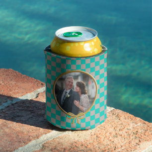 Turquoise Gray Checks & Photo Can Cooler