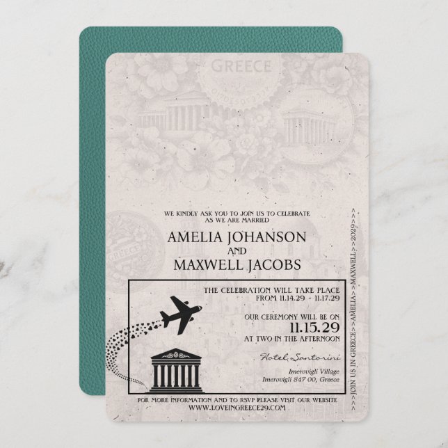 Turquoise Greece Passport Wedding Invitation (Front/Back)