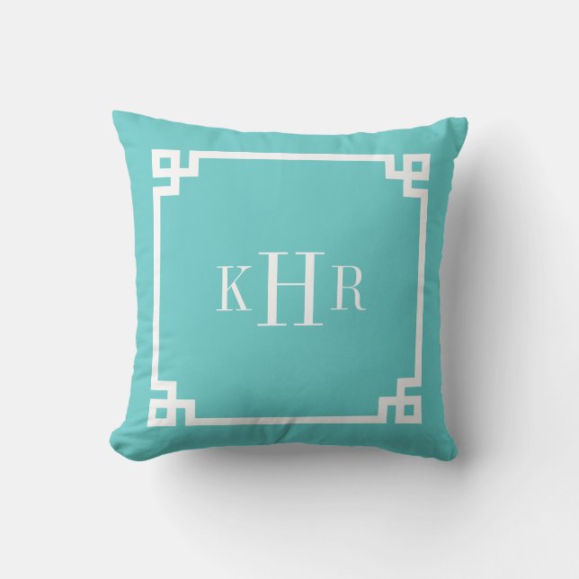 Turquoise Greek Key Border Custom Monogram Cushion (Front)
