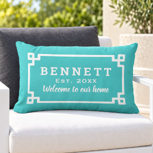Turquoise Greek Key Monogram Welcome Lumbar Cushion
