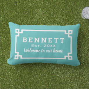Turquoise Greek Key Monogram Welcome Lumbar Cushion