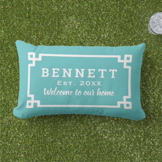 Turquoise Greek Key Monogram Welcome Lumbar Cushion (Grass)