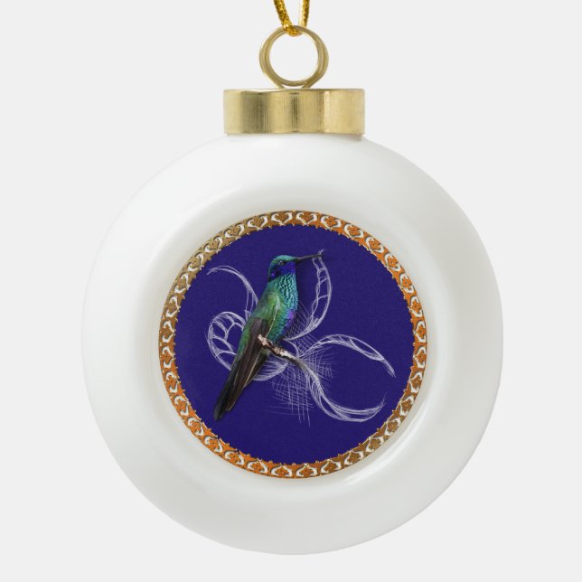 Turquoise green and blue with purple hummingbird ceramic ball christmas ornament (Front)