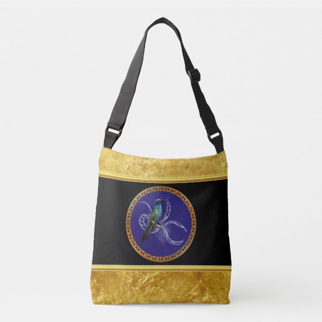 Turquoise green and blue with purple hummingbird crossbody bag (Front)
