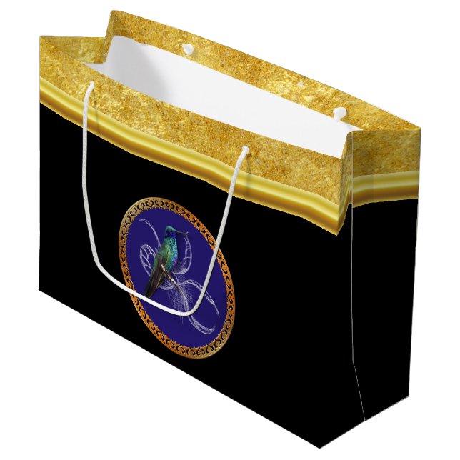 Turquoise green and blue with purple hummingbird large gift bag (Front Angled)