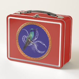 Turquoise green and blue with purple hummingbird metal lunch box