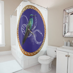 Turquoise green and blue with purple hummingbird shower curtain