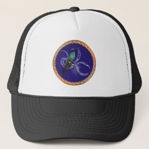 Turquoise green and blue with purple hummingbird trucker hat
