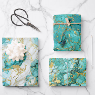 Turquoise Green And Golden Marble Wrapping Paper Sheet