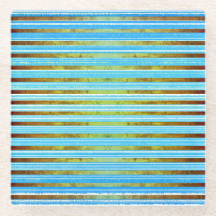 Turquoise, Green, and White Stripes Pattern Glass Coaster