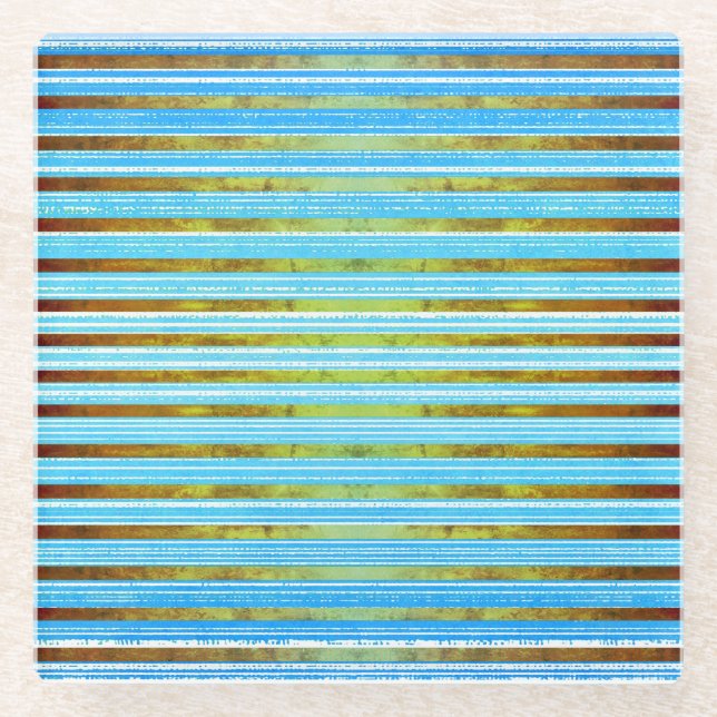 Turquoise, Green, and White Stripes Pattern Glass Coaster (Front)