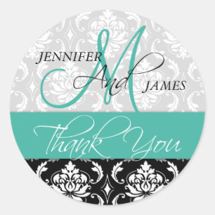 Turquoise Green Black Damask Wedding Favour Sticke Classic Round Sticker