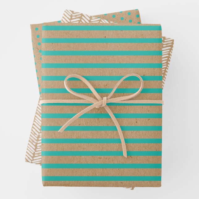 Turquoise Green Blue Lines Faux Rustic Brown Kraft Wrapping Paper Sheet (In situ)