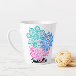 Turquoise Green Blue Pink Colorful Floral Mandalas Latte Mug
