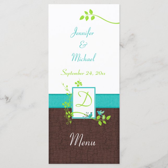 Turquoise Green Brown White Floral Birds Menu Card (Front)