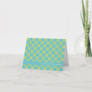 Turquoise Green Chequerboard Custom Name Retro Note Card