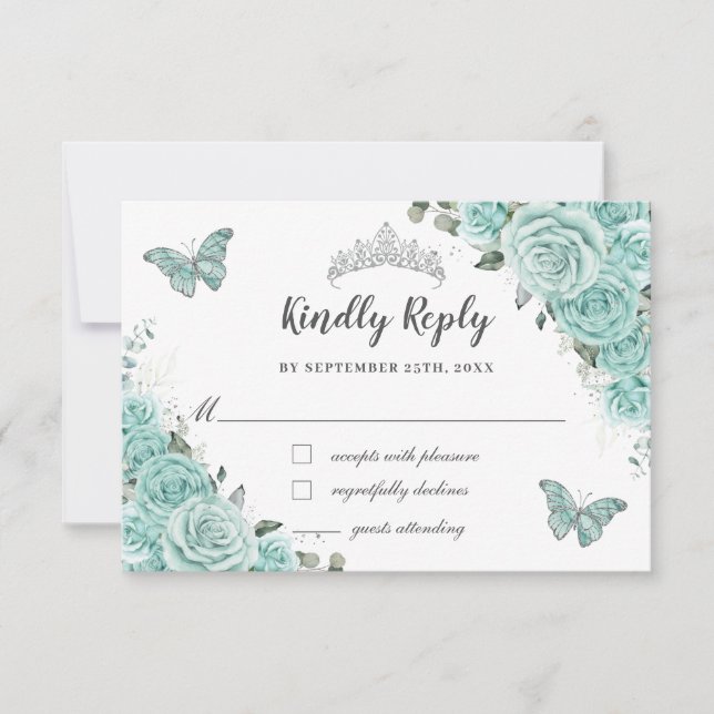 Turquoise Green Floral 15 Quinceañera Butterflies RSVP Card (Front)