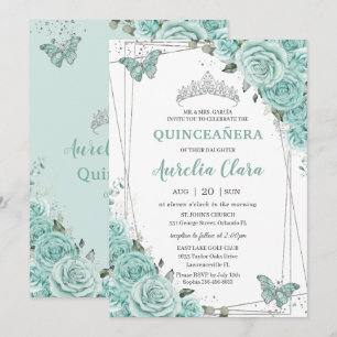 Turquoise Green Floral Butterflies Quinceanera 15  Invitation