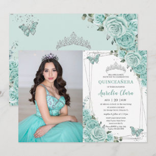 Turquoise Green Floral Butterflies Quinceanera 15  Invitation