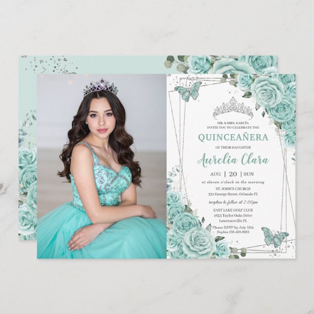 Turquoise Green Floral Butterflies Quinceanera 15  Invitation (Front/Back)