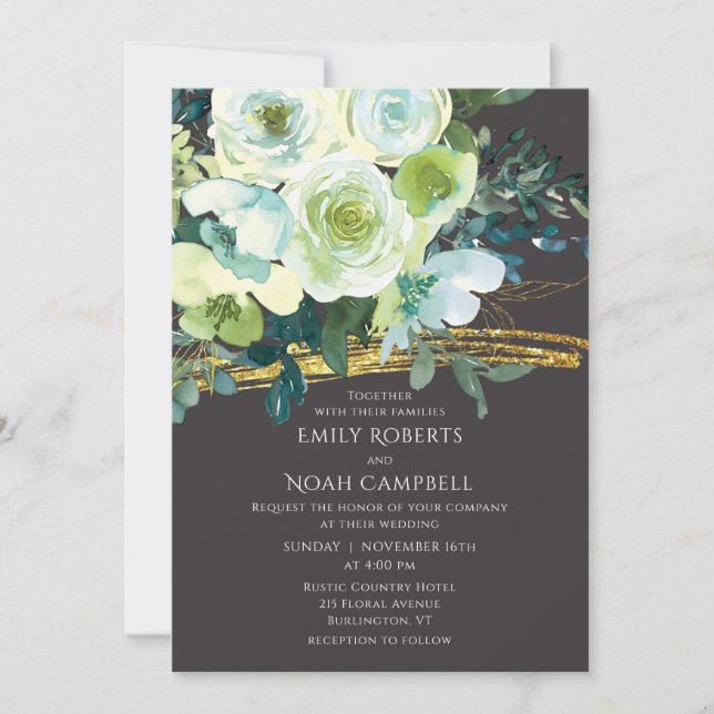 Turquoise Green Floral Gold Glitter Photo Wedding Invitation (Front)