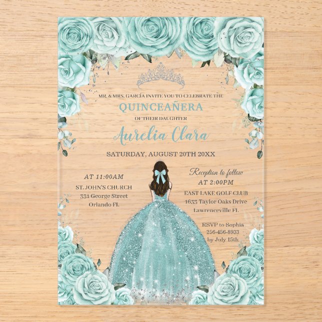 Turquoise Green Floral Princess Silver Quinceañera Acrylic Invitations (Front)