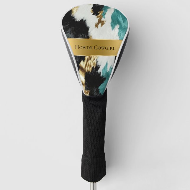 Turquoise Green Gold Black Cowhide Wedding Golf Head Cover (Front)