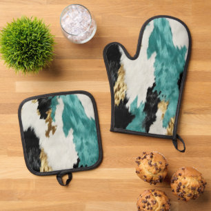 Turquoise Green Gold Black White Cowhide Oven Mitt & Pot Holder Set